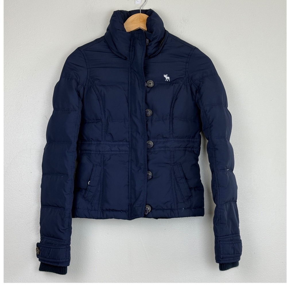 Abercrombie Kids Puffer Jacket Navy‎ Blue Fur Lined Button Up Coat Sze L VTG